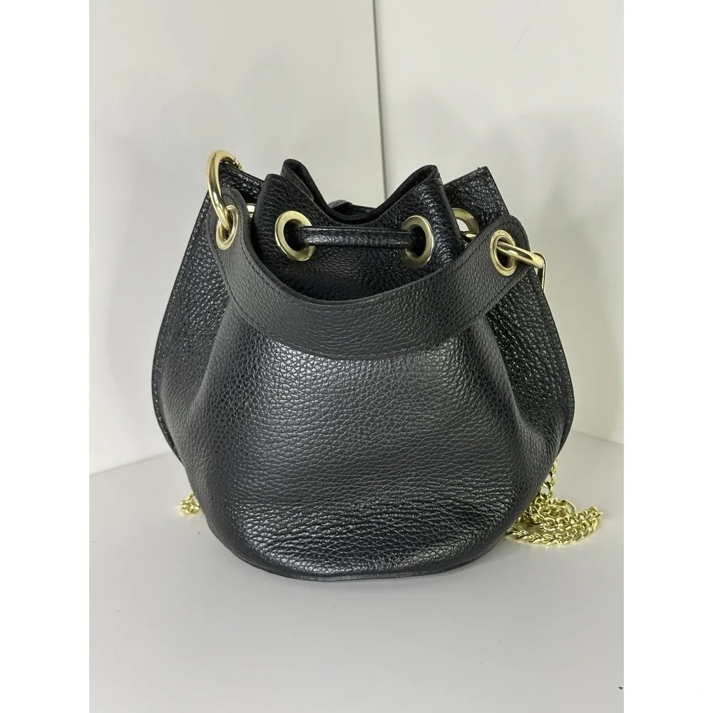 Anna Paola, Bucket Bag Black Pebbled Leather Drawstring Gold Chain Made In Italy
